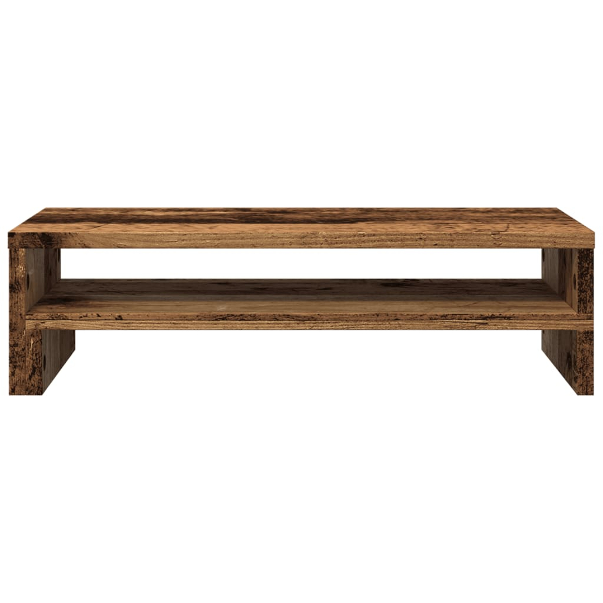 Ein rustikaler Holztisch mit zwei Ebenen vor weißem Hintergrund.