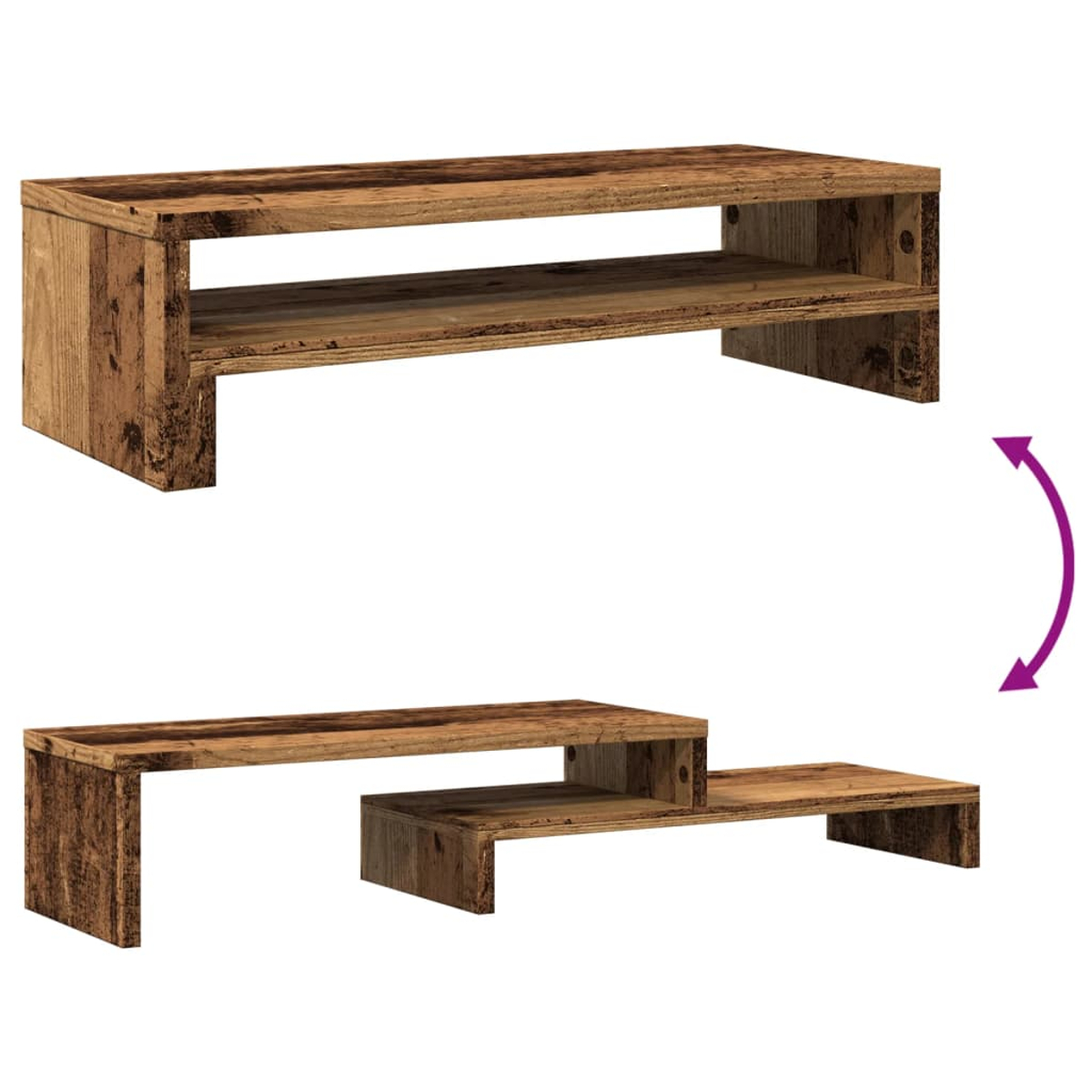 Zwei Holzregale in Holzoptik, eines oben, eines gestuft, mit Pfeil.