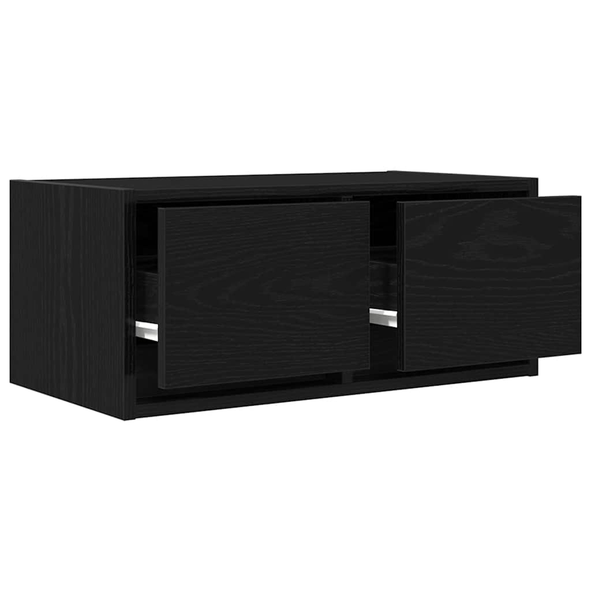 Schwarzer Holzschrank mit zwei offenen Türen und Schubladen.