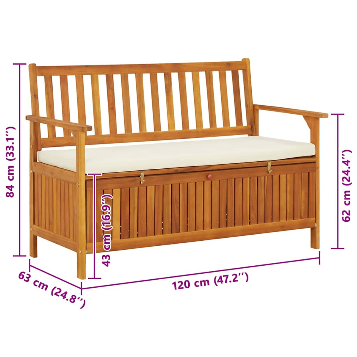 Holzbank mit Aufbewahrung, cremefarbener Auflage, Maße: 120x63x84cm.