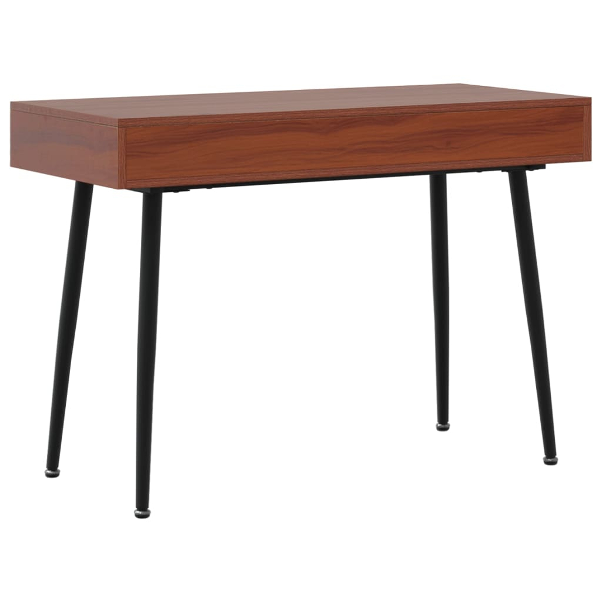 Ein brauner Schreibtisch mit einer Schublade und vier schlanken schwarzen Beinen.