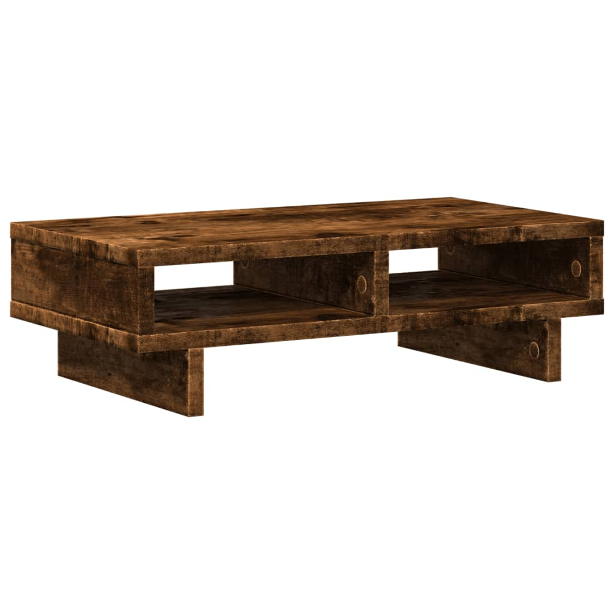Ein rustikaler Holztisch mit zwei offenen Fächern und stabilen Beinen.
