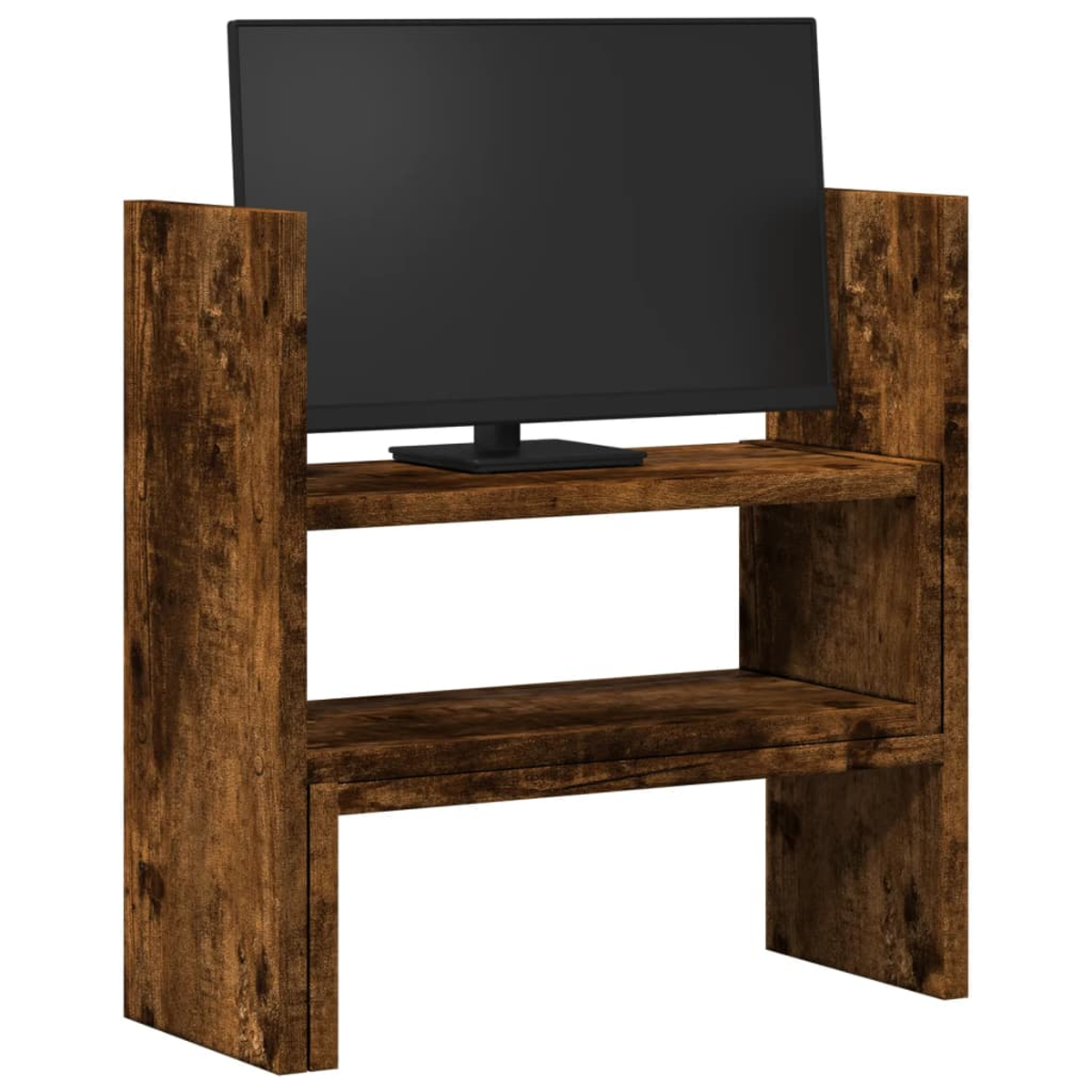 Braunes Holz-TV-Möbel mit zwei Regalen und einem schwarzen Fernseher.