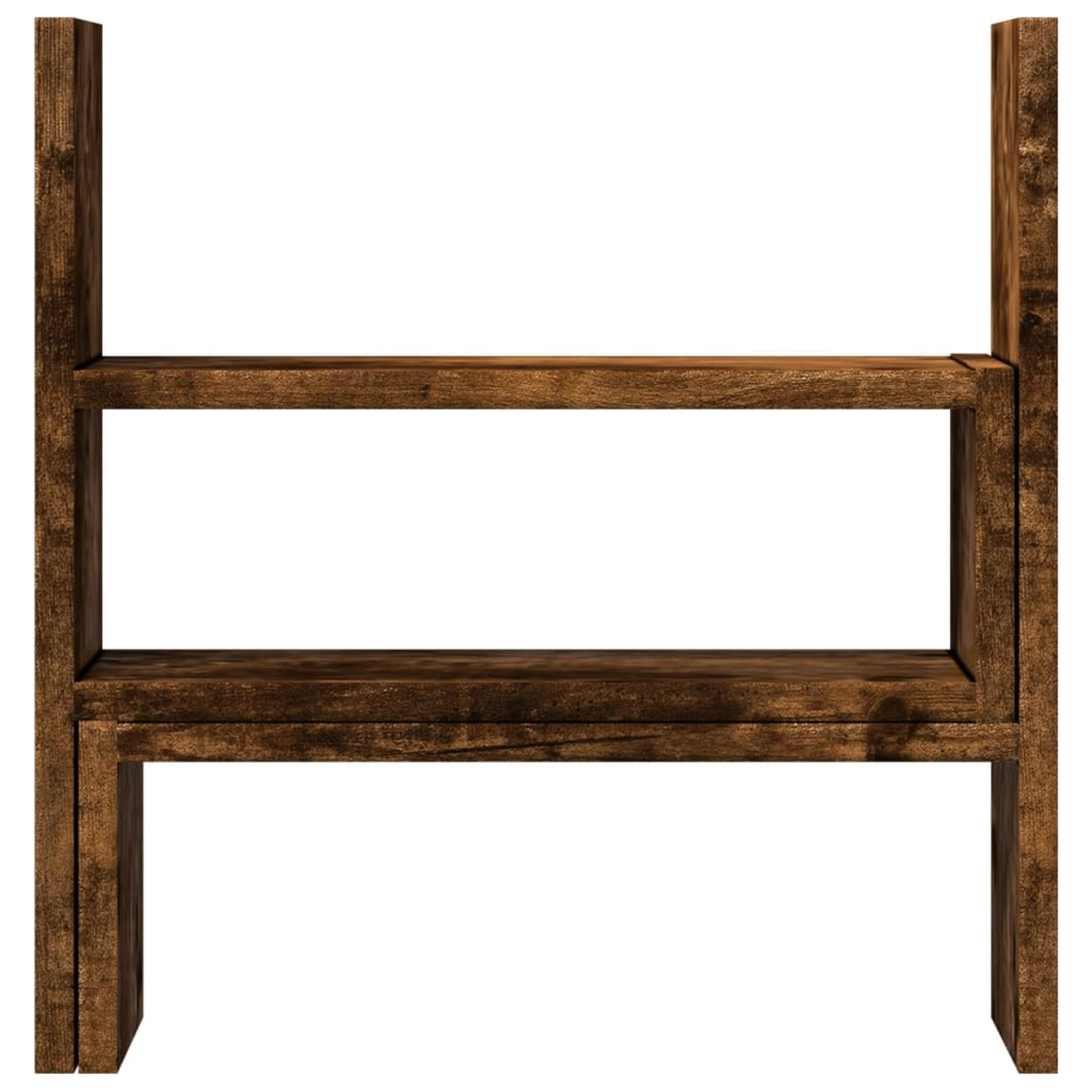 Ein dunkles Holzregal mit zwei Ebenen auf weißem Hintergrund.
