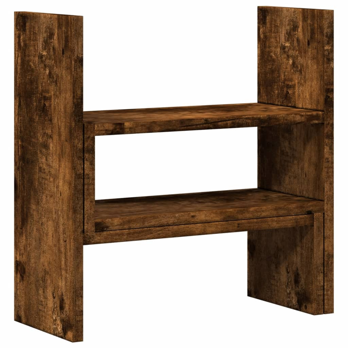 Ein rustikales, dunkelbraunes Bücherregal aus Holz mit zwei Regalböden.