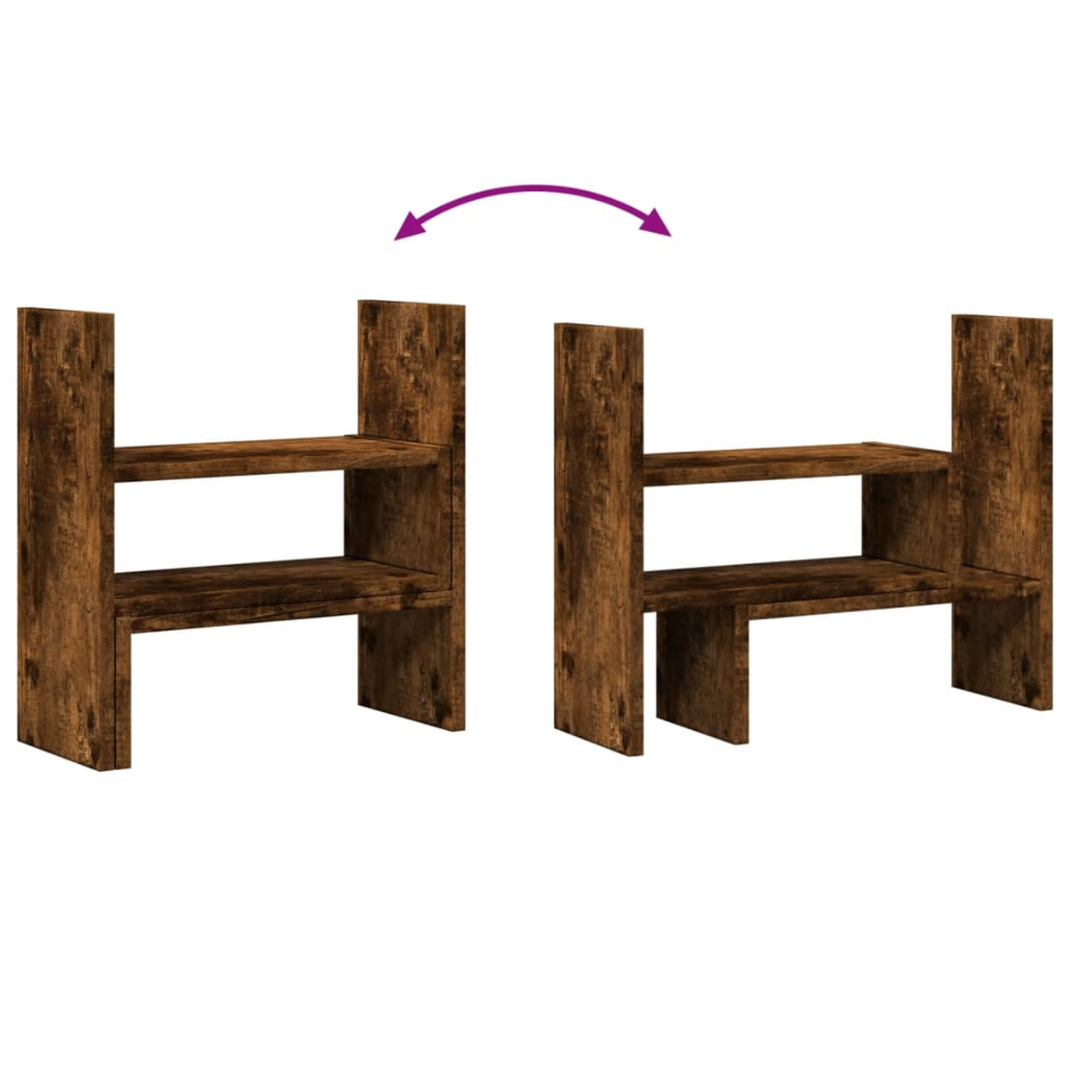 Zwei dunkle Holzregale mit drei Ebenen, die durch einen Pfeil verbunden sind.