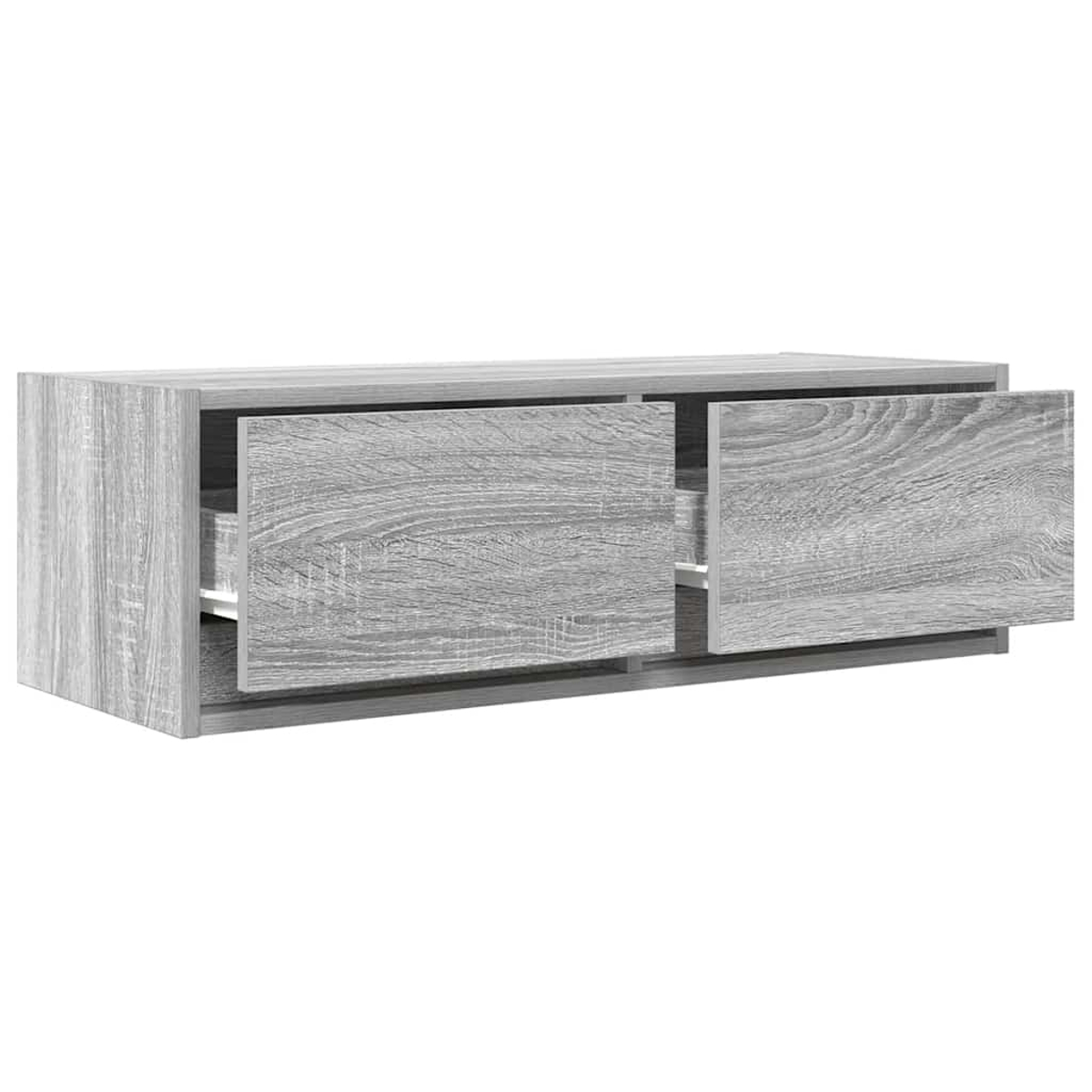Graues Holz-Sideboard mit zwei offenen Schubladen.