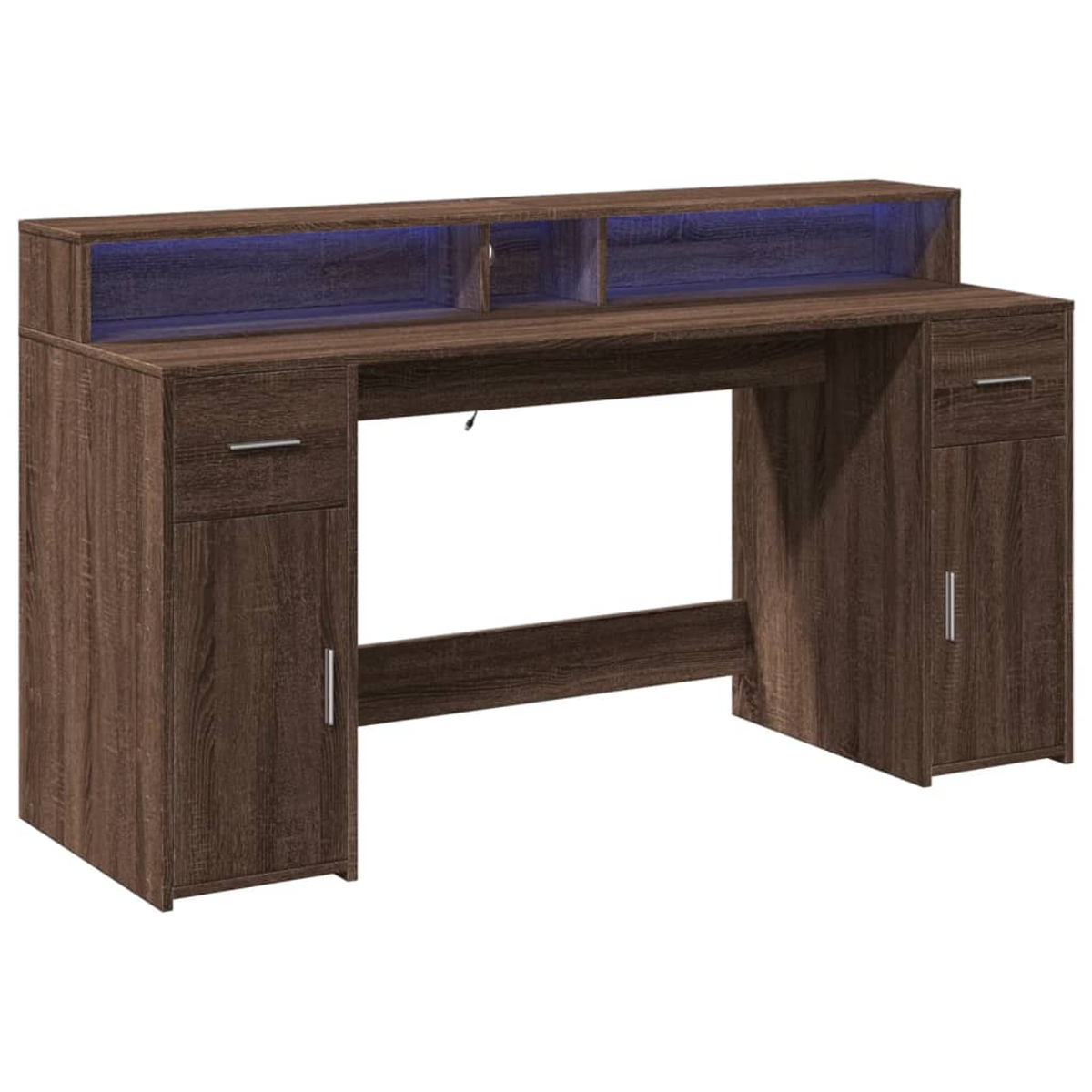 Brauner Schreibtisch mit Schubladen, Türen und blauer LED-Beleuchtung.