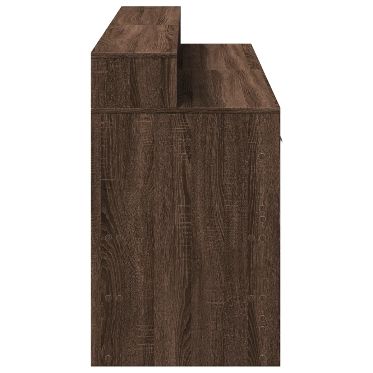 Dunkelbraunes Holzmöbel mit Stufenaufbau von der Seite.