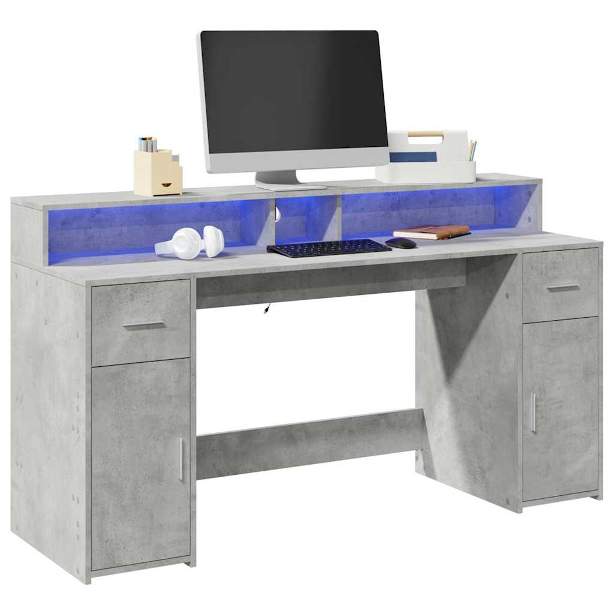 Ein moderner Schreibtisch mit Betonoptik, beleuchtet mit blauen LEDs. Er hat einen Monitor, Tastatur, Maus und Kopfhörer.
