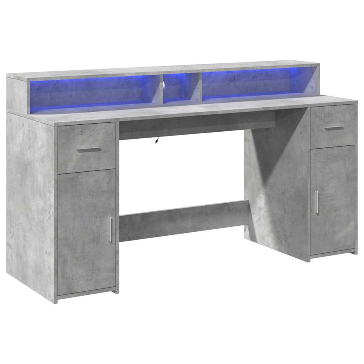 Moderner Schreibtisch aus Betonoptik mit Schubladen, Türen und blauer LED-Beleuchtung.