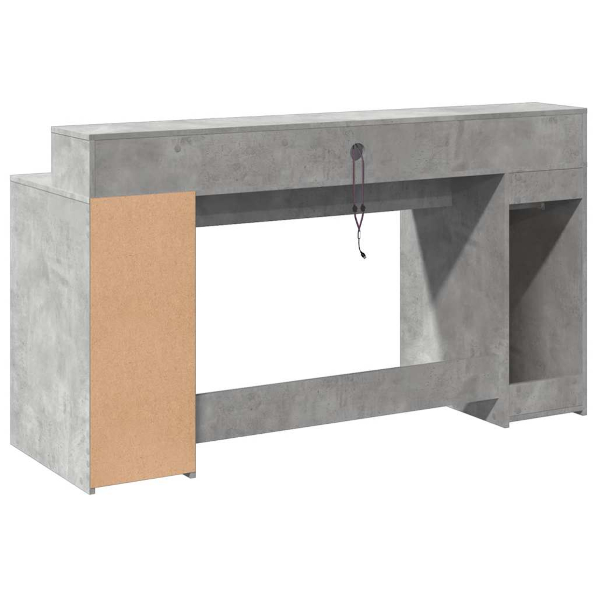 Grauer Beton-Schreibtisch mit offener Ablage und einem Holzpaneel.