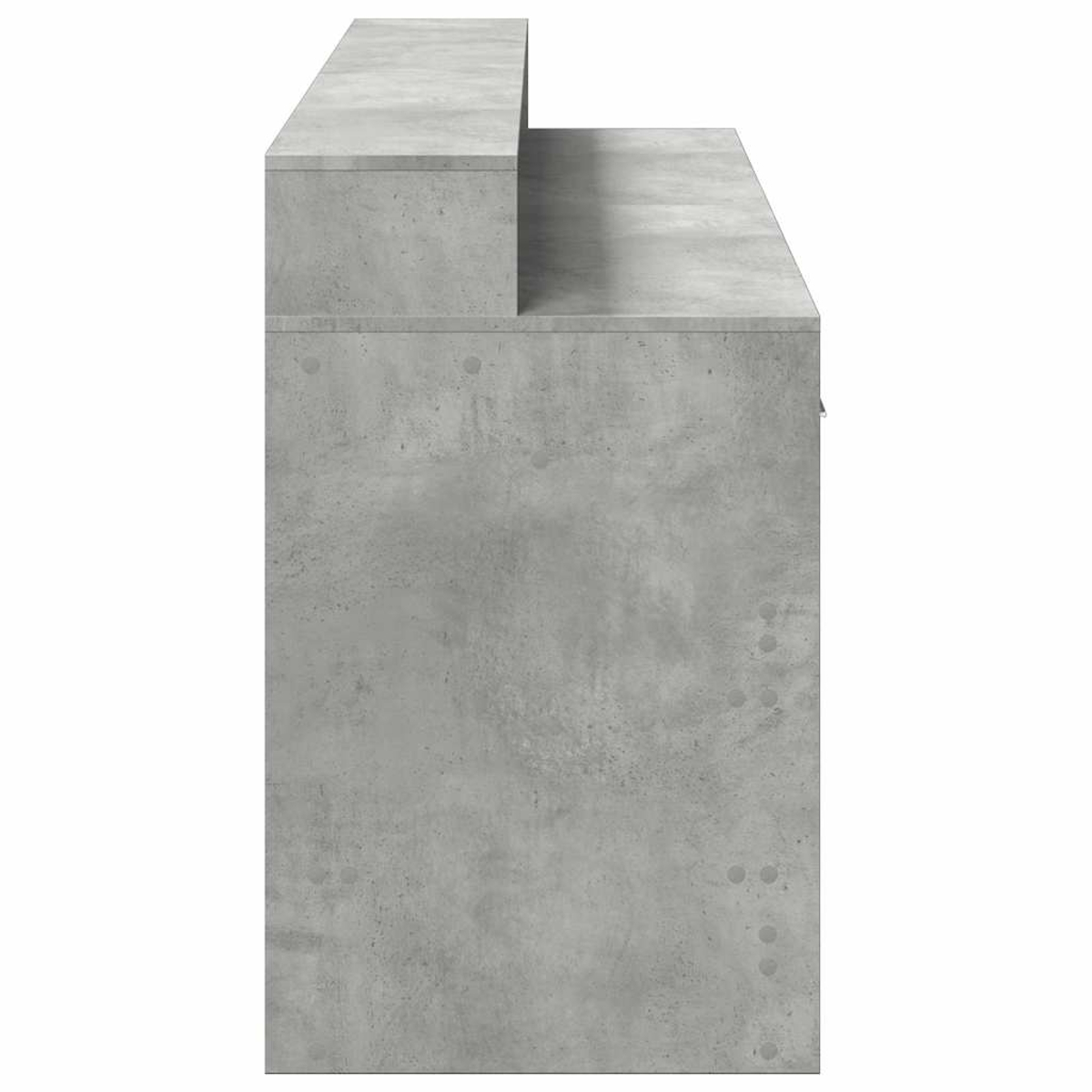 Grauer Beton-Schreibtisch mit zwei Ebenen, seitliche Ansicht.