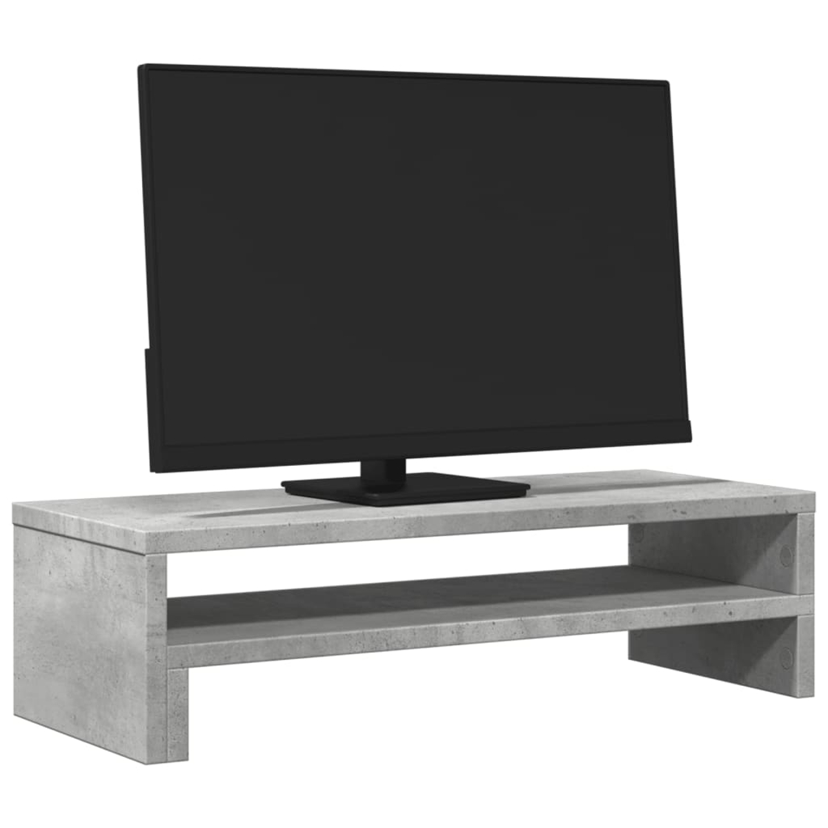 Ein moderner grauer TV-Ständer aus Beton mit zwei Regalen, der einen schwarzen Flachbildfernseher trägt.