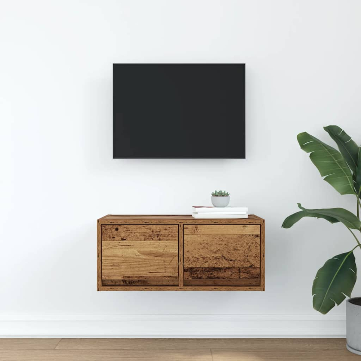Un televisor negro cuelga sobre un estante de pared de madera con libros y una suculenta.