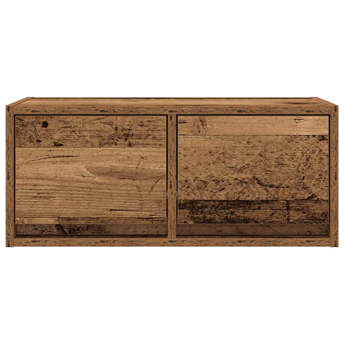 Un mueble de madera de dos puertas con vetas de madera rústicas.