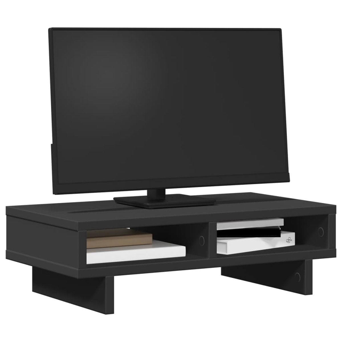 Schwarzer Fernseher auf einem dunklen TV-Schrank mit Büchern und Spielekonsole.