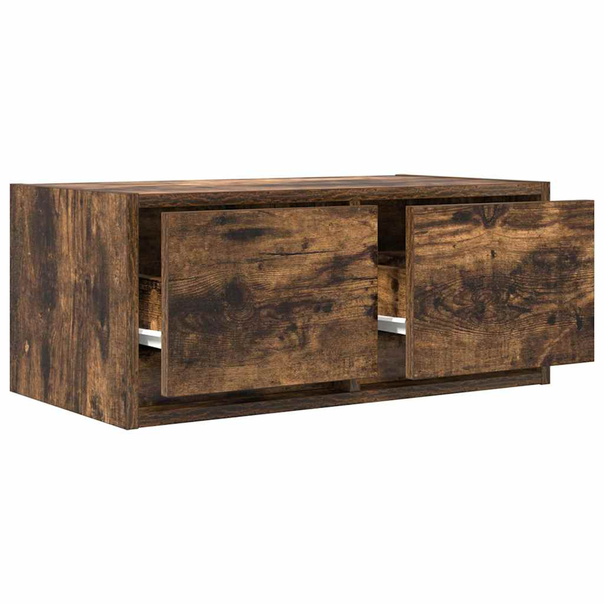 Braune Holzkommode mit zwei offenen Türen, die einen Korb zeigen.