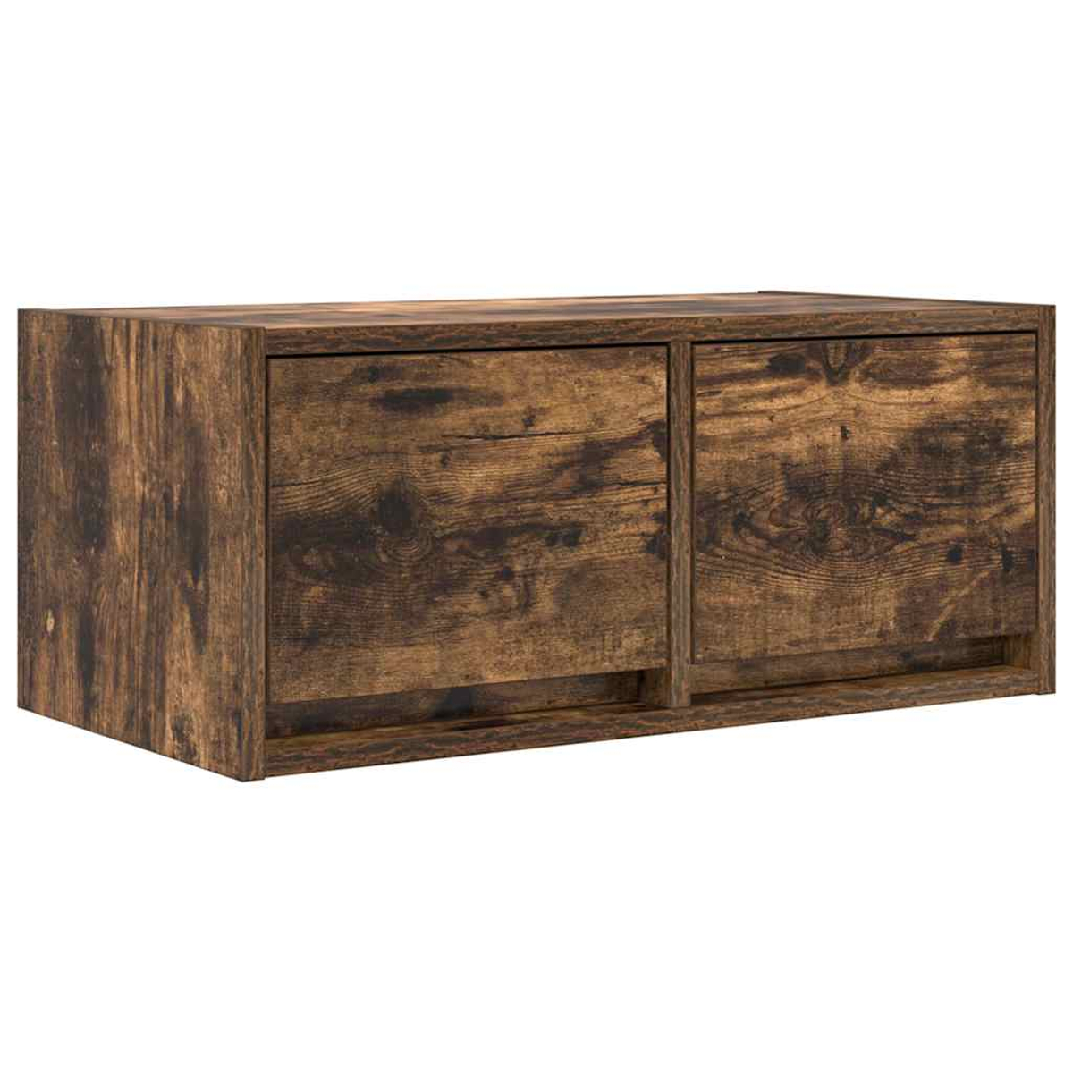 Eine braune Holzkommode mit zwei Türen und einem Regal darunter.