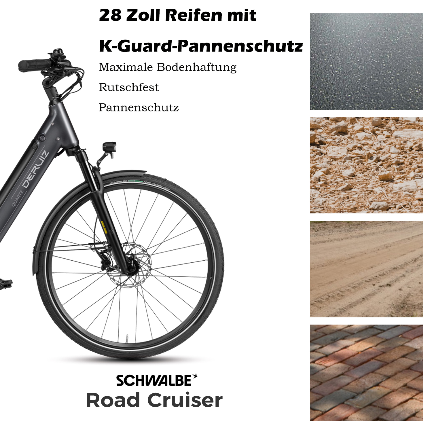 Ein schwarzes Fahrrad mit 28-Zoll-Reifen und Text zu K-Guard-Pannenschutz.