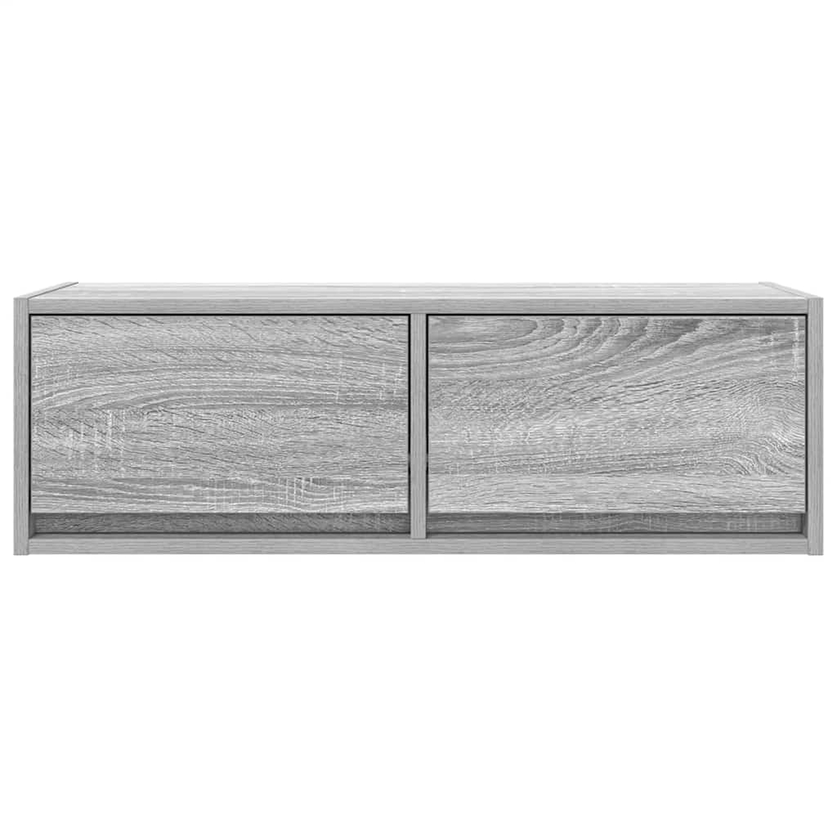 Grauer Holzschrank mit zwei Türen, weißer Hintergrund.