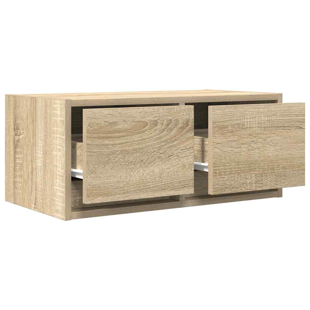 Ein hölzerner TV-Schrank mit zwei offenen Schubladen.