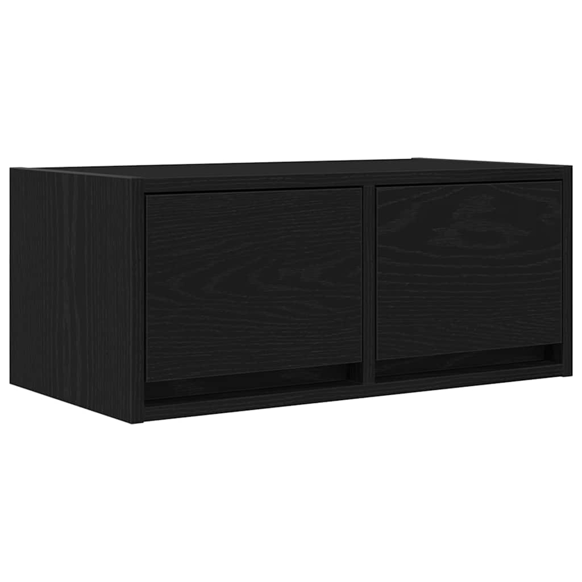 Ein schwarzer Holzschrank mit zwei Türen und einer unteren Ablagefläche.