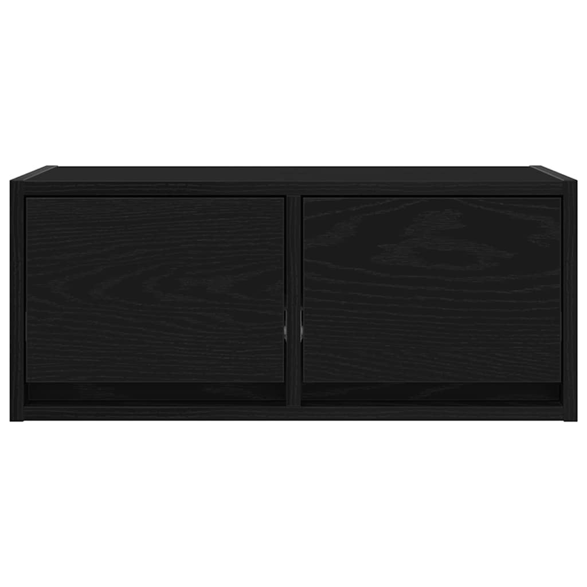 Ein schwarzer Schrank mit zwei Türen und Holzmaserung.