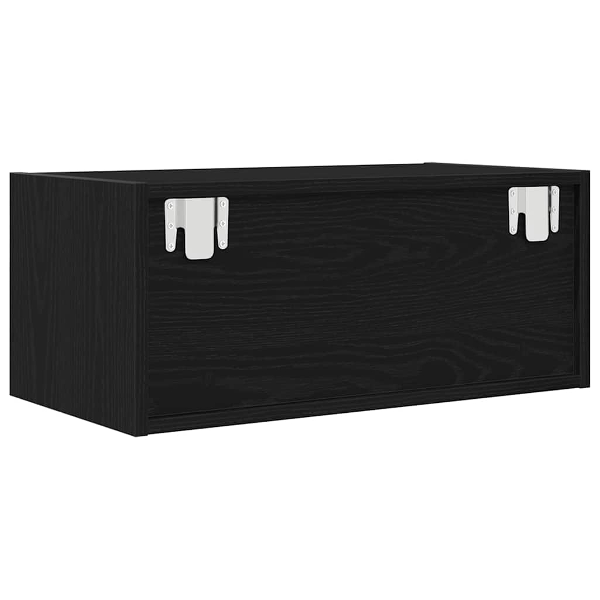 Schwarzer Wandbehangschrank mit silbernen Halterungen an der Oberseite.