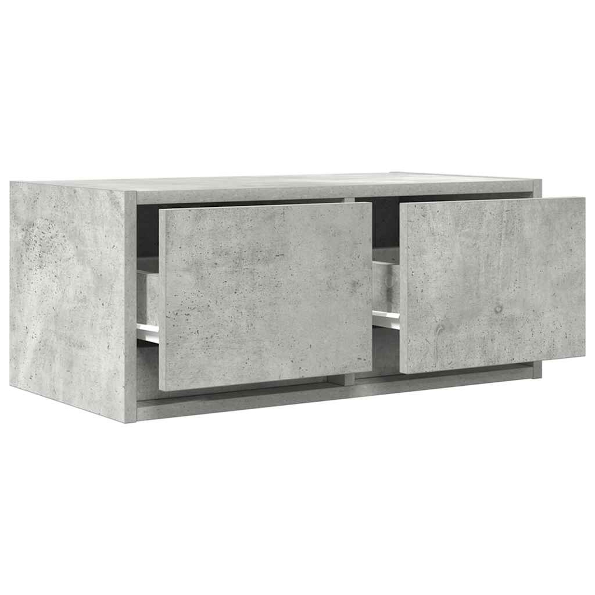 Ein moderner grauer Beton-TV-Schrank mit zwei offenen Schubladen.