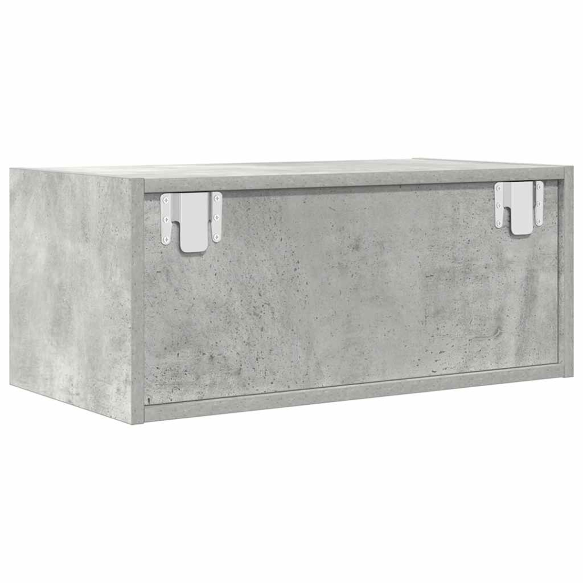 Grauer Betonwürfel mit zwei weißen Metallklammern auf der Vorderseite.