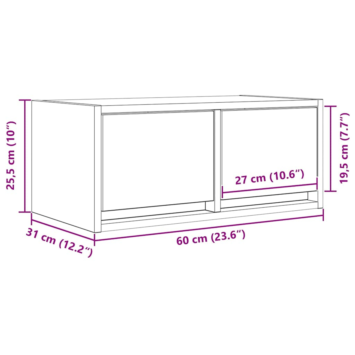 Zeichnung eines Schranks mit Maßen: 60cm lang, 25,5cm hoch, 31cm tief.