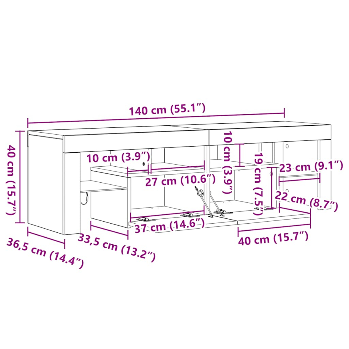 Ein weißer TV-Schrank mit Maßen und Fächern. 140 cm breit, 40 cm hoch.