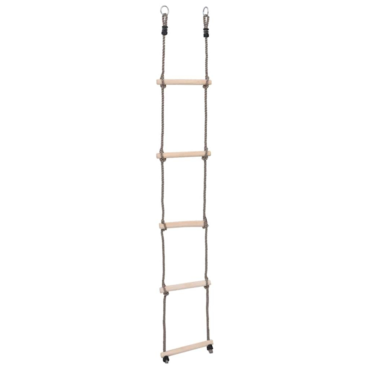 Eine Strickleiter mit vier Holzsprossen und Metallhaken oben.