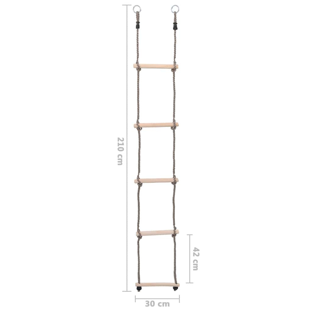 Eine Strickleiter mit Holzsprossen, 210 cm lang, 30 cm breit.