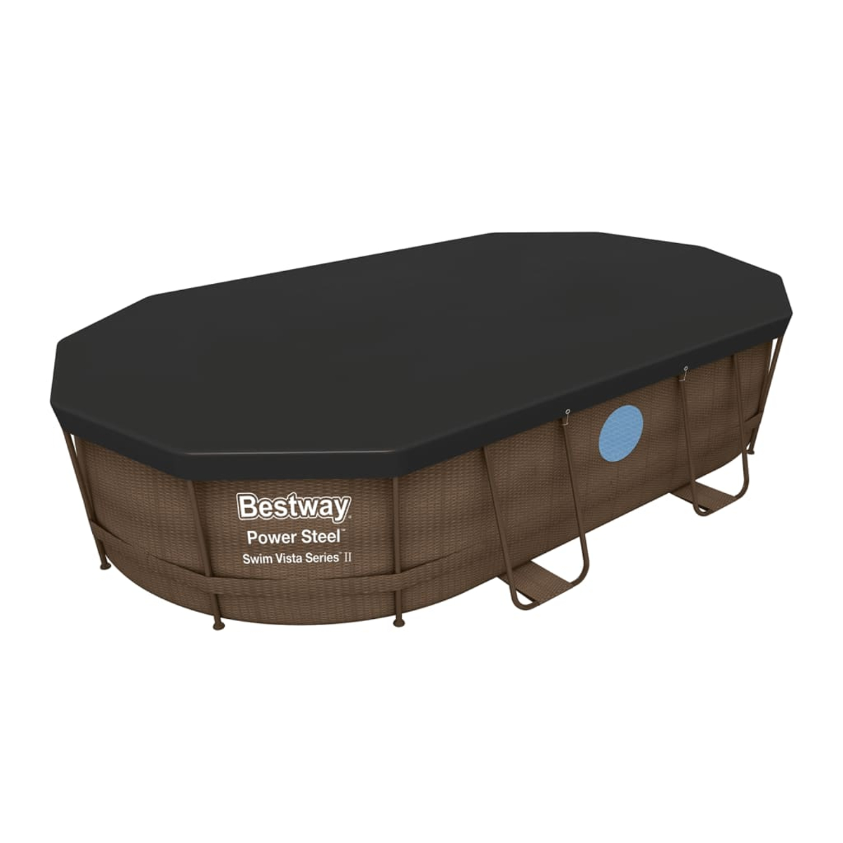 Brauner Bestway Ovalpool mit schwarzer Abdeckung und silbernen Stützen.
