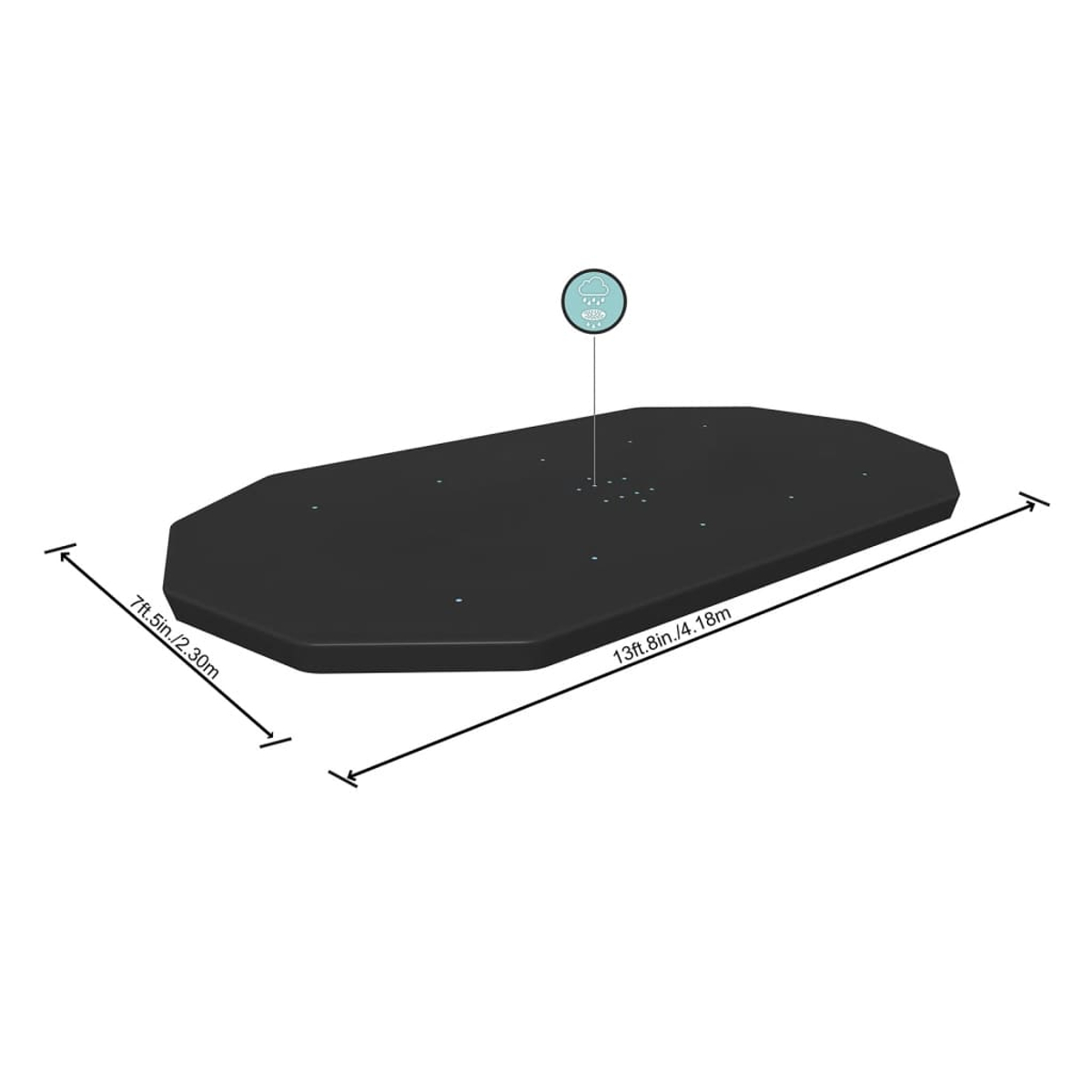Schwarze Plattform mit Maßen 4,18m x 2,30m und einem Wettersymbol.