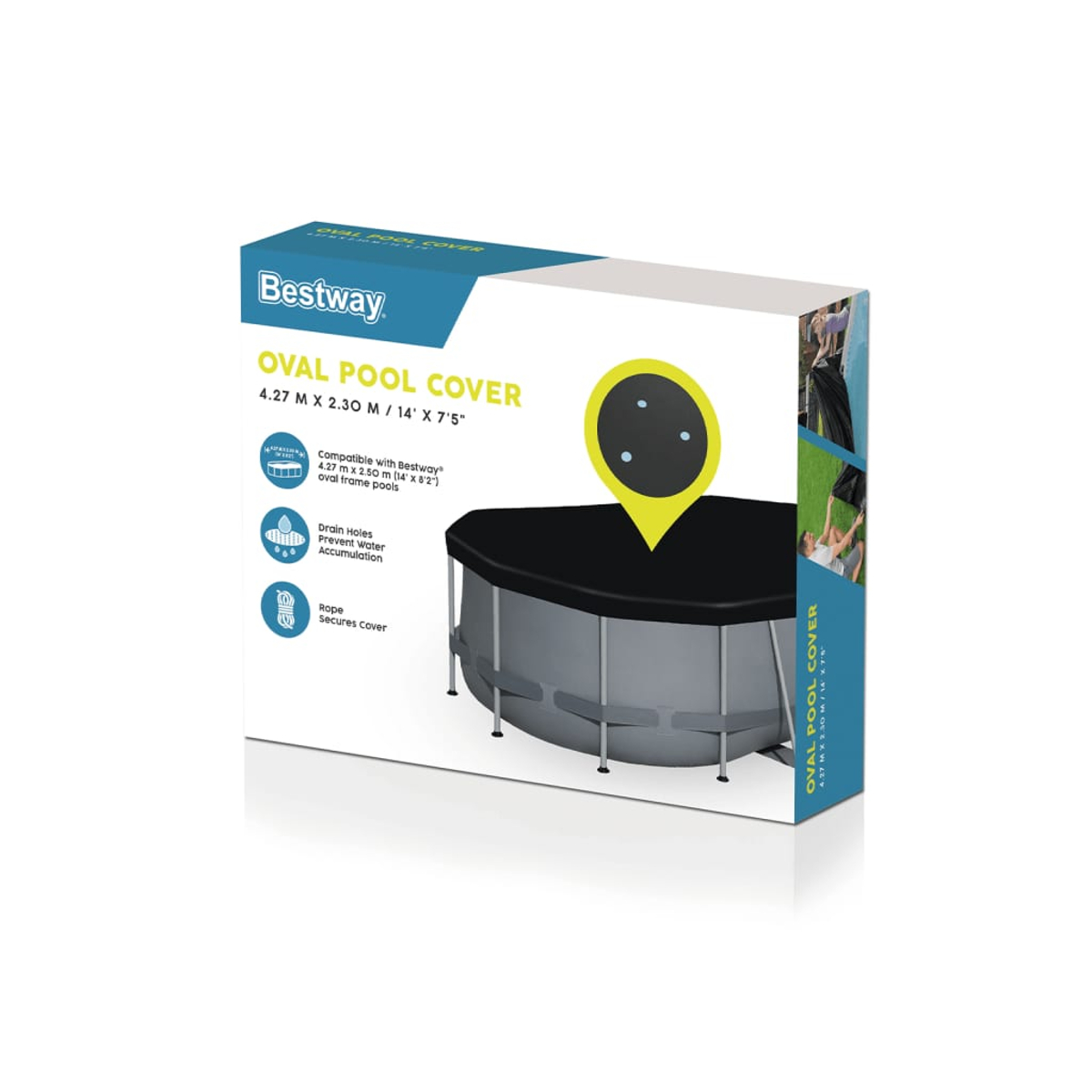 Bestway Ovalpool-Abdeckung Verpackung. Grauer Pool mit schwarzer Abdeckung gezeigt.