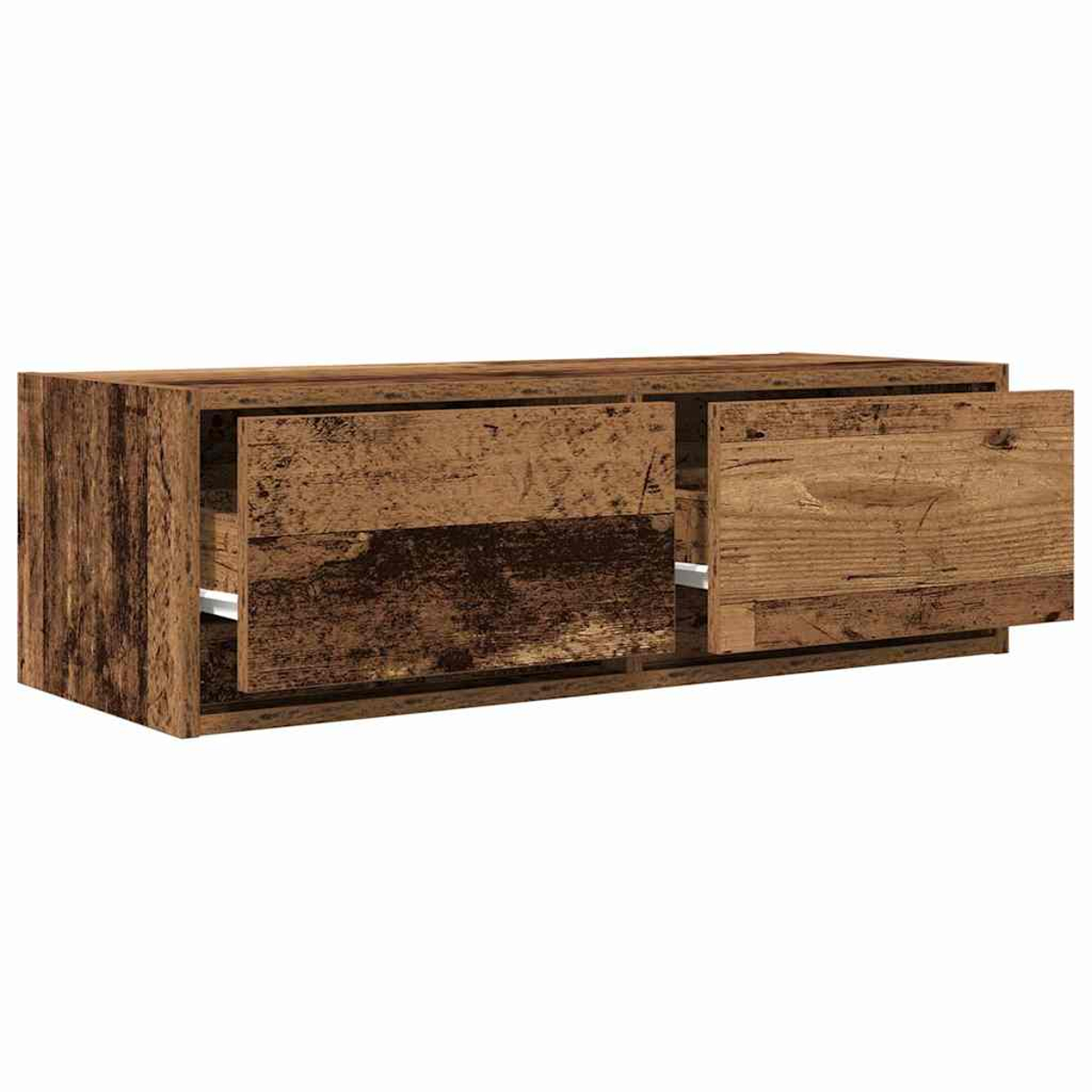 Ein hölzerner Fernsehschrank mit zwei offenen Schubladen auf weißem Hintergrund.