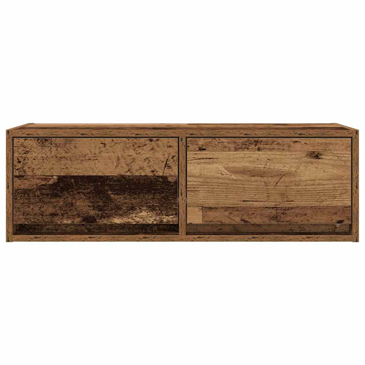 Ein Holzkasten mit zwei Fächern, aus recyceltem Holz mit verschiedenen Brauntönen.