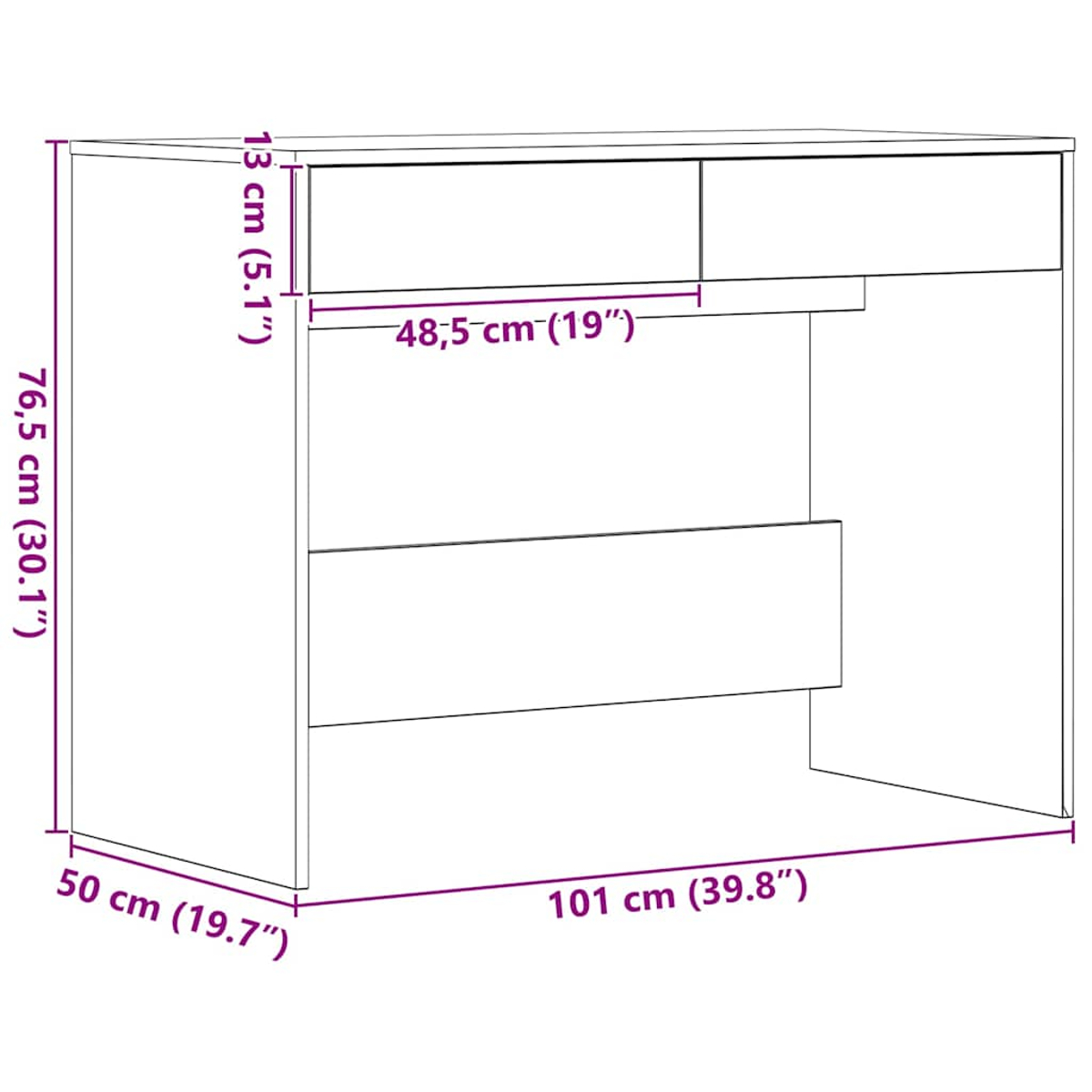Zeichnung einer Kommode mit Maßen: Höhe 76,5 cm, Breite 101 cm, Tiefe 50 cm.