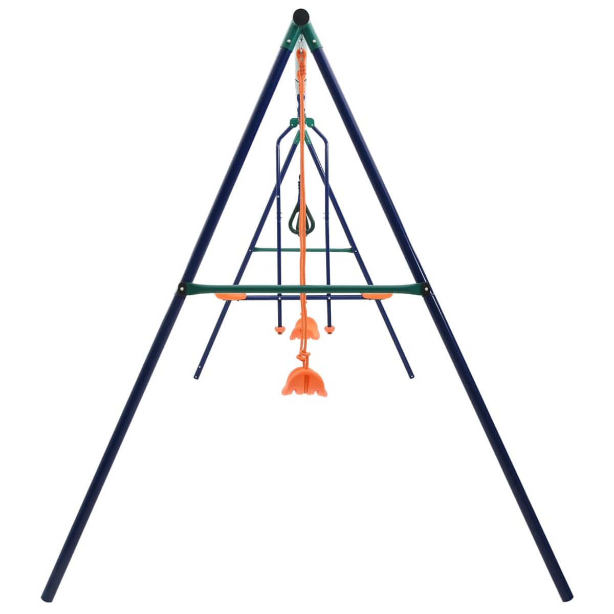 Ein dreibeiniger Spielturm mit blauen Streben, grünen Querstangen und orangefarbenen Schaukelsitzen.