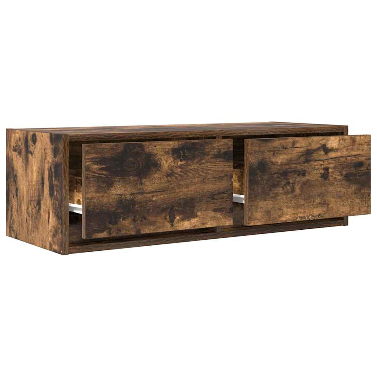 Ein dunkelbraunes Holzmöbel mit zwei offenen Schubladen.
