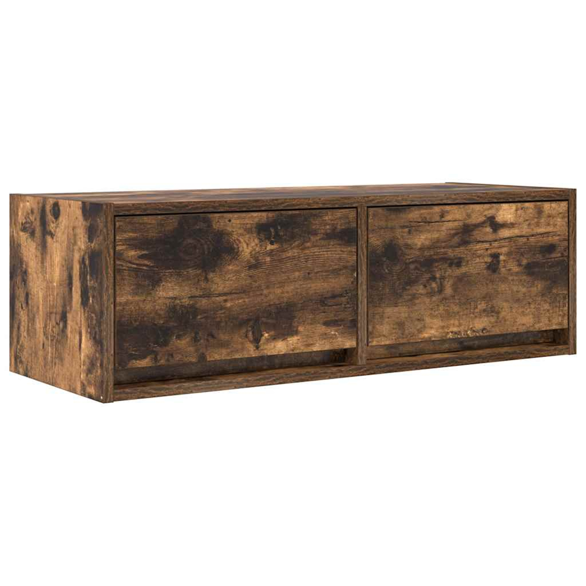 Ein dunkelbraunes Holzregal mit zwei Fächern und sichtbarer Maserung.