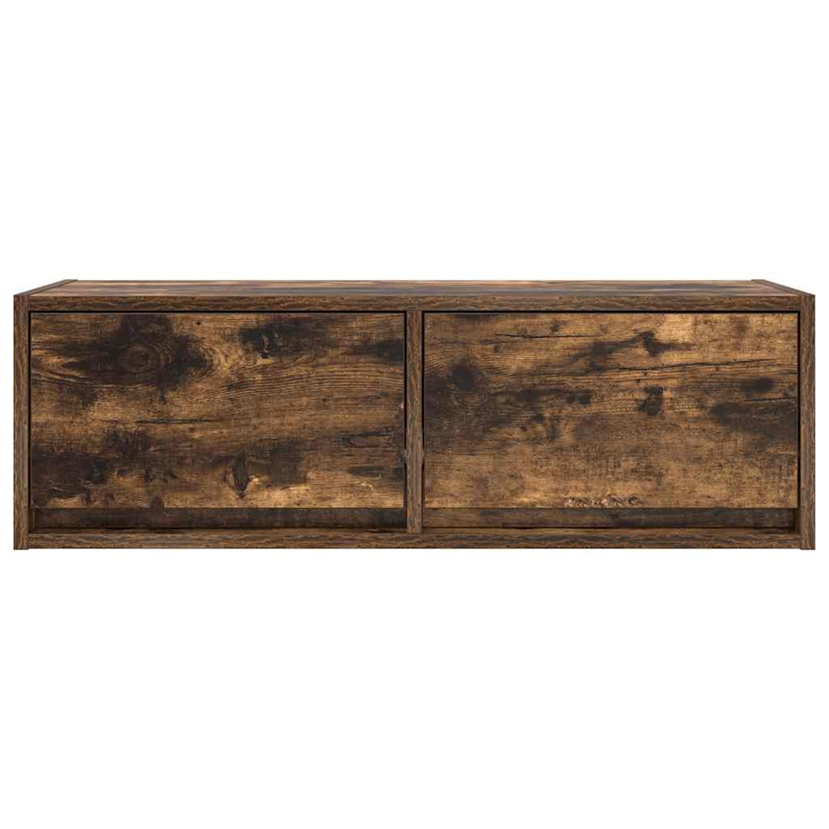 Ein braunes Holzmöbel mit zwei Türen und sichtbarer Holzmaserung.