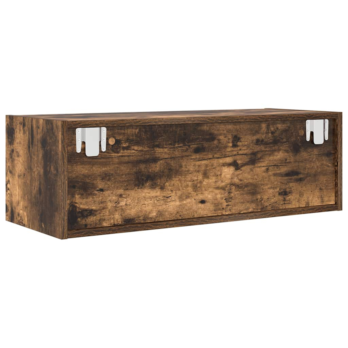 Ein braunes wandmontiertes Holzschränkchen mit Metallwinkeln an der Seite.