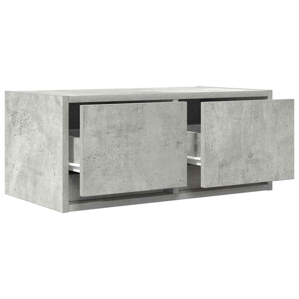 Graues Beton-Lowboard mit zwei offenen Schubladen.