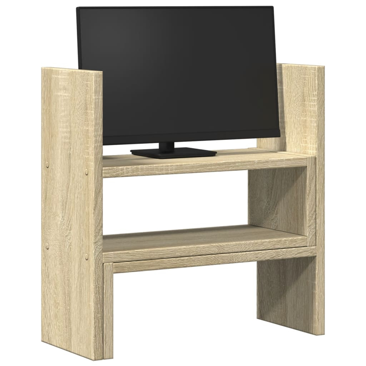 Ein Fernsehständer aus hellem Holz mit zwei Regalen und einem schwarzen Fernseher.