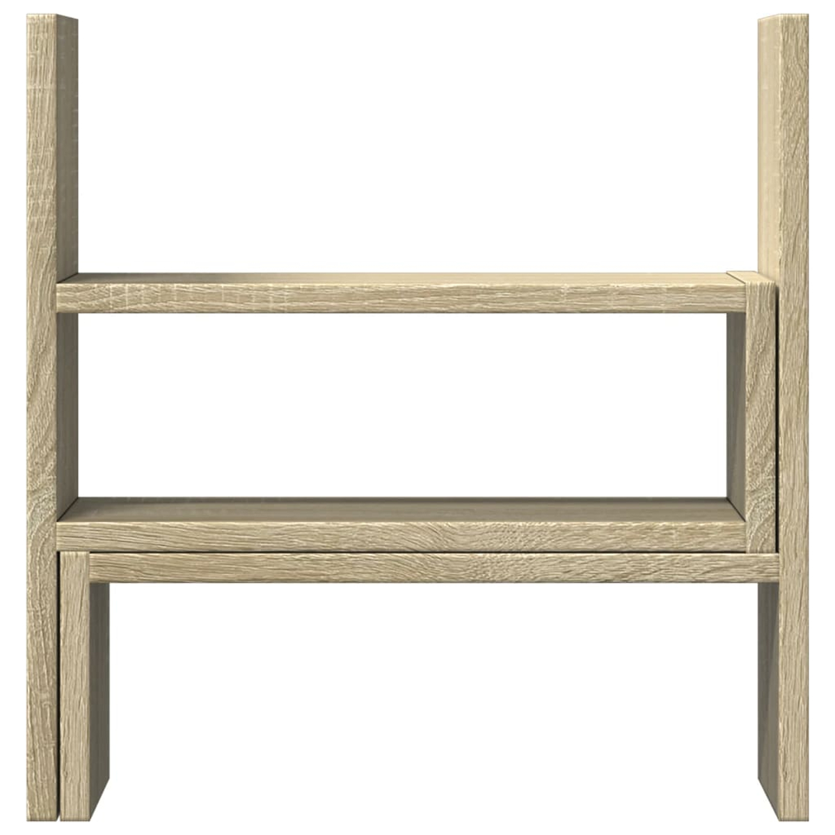 Ein hellbraunes Holzregal mit zwei Ebenen, auf weißem Hintergrund.