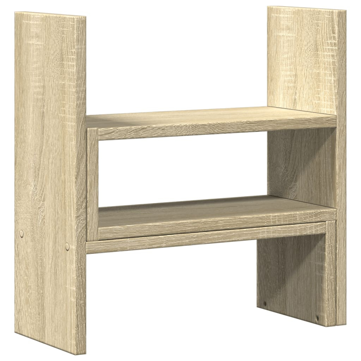 Ein hellbraunes Holzregal mit zwei Fächern, freistehend und vor weißem Hintergrund.